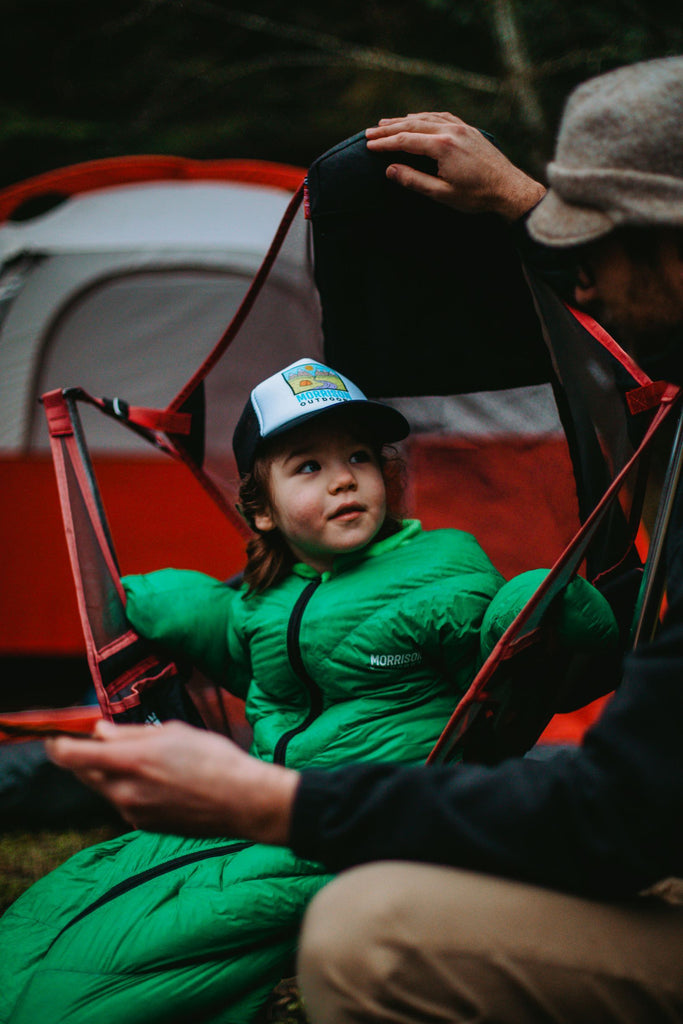 Big Mo 20° Down Kids Sleeping Bag (Age 2-4) Moss Green Color Camping Happy in Chair - Morrison Outdoors