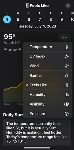 Weather app on iphone showing data