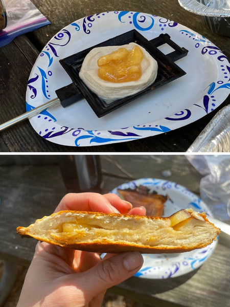 The ingredients for camp iron apple pie on a camp iron on top and a cooked camp iron apple pie on the bottom