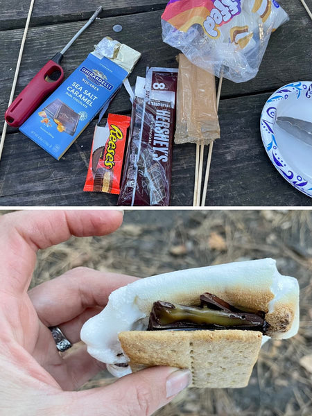 The ingredients for s'mores spread on a picnic table on top and a cooked s'more on the bottom