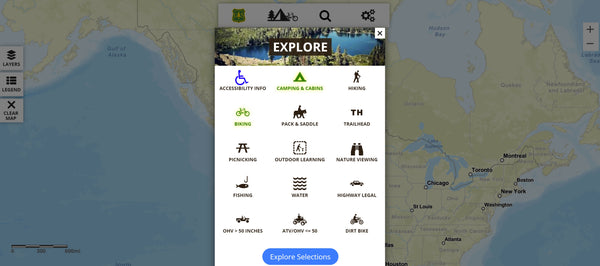 An image of the interactive map on the US Forest Service Website