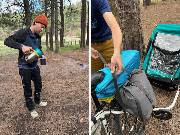 A man pouring coffee into a mug in front of a campfire and a man securing gear onto a bike that is attached to a Burley Trailer