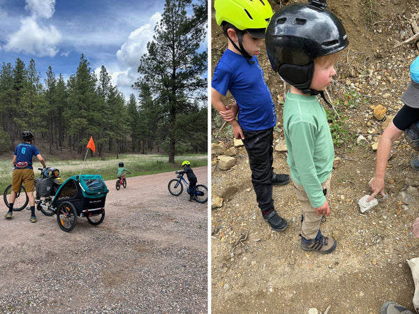 A photo of a man riding a bike with a Burley trailer attached next to two young kids on bikes and a photo of two young kids looking at fossils in a rock