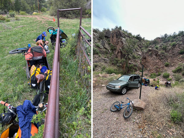 Two bikes with Burley trailers attached leaning against a fence and an SUV being loaded up after the trip