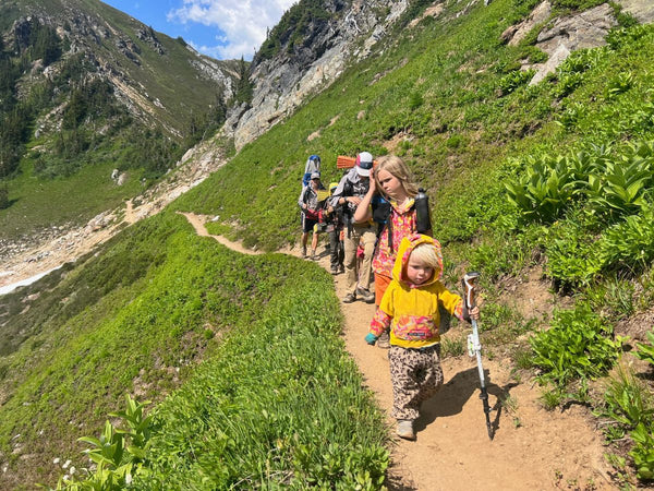 A family of seven hiking along a trail in a mountainous region