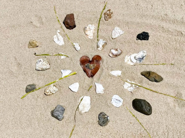 A nature mandala on the beach made from seashells, rocks, and a leaf